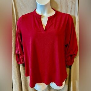 Women's Split-Neck Roll-Sleeve Top Crimson Maroon.